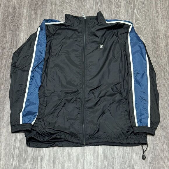 Fila Windbreaker Jacket Mens Extra Large Black Blue Stripes Mock Neck Y2K Runner - Picture 1 of 8